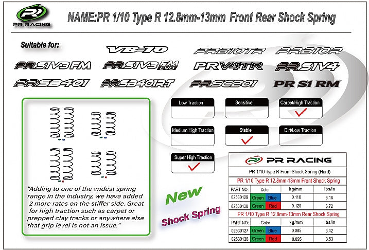 3367 02530130 PR 1/10 Type R 12.8mm-13mm Front Shock Spring 0.120kg/mm Red+Green (2)