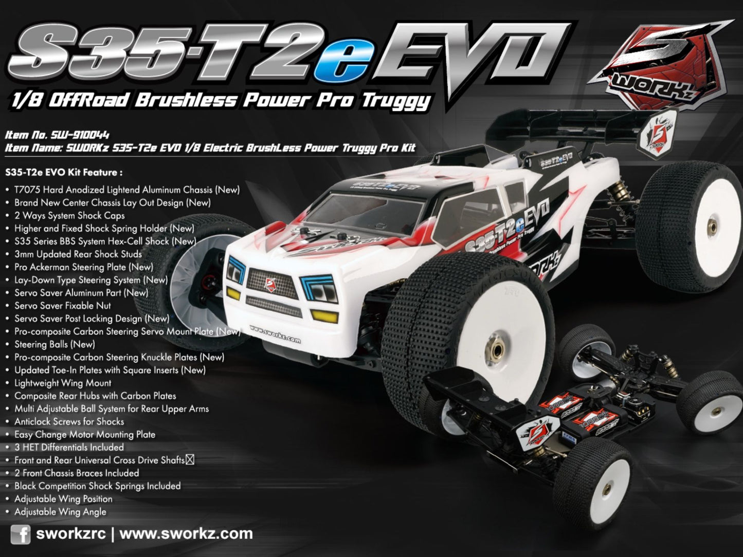 0084 SW910044 SWORKz S35-T2e EVO 1/8 Electric BrushLess Power Truggy Pro Kit